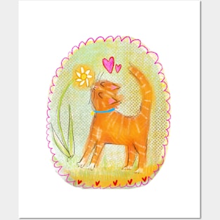 Orange tabby cat and wild flowers Posters and Art